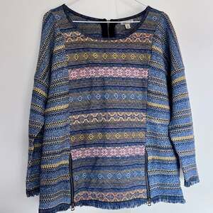 Lucky Brand Womens Escape Fringe Tribal Tweed Knit Sweater Blue Size Large